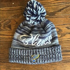 Adidas Sporty Blue and Gray Knit Hat with Pom-Pom